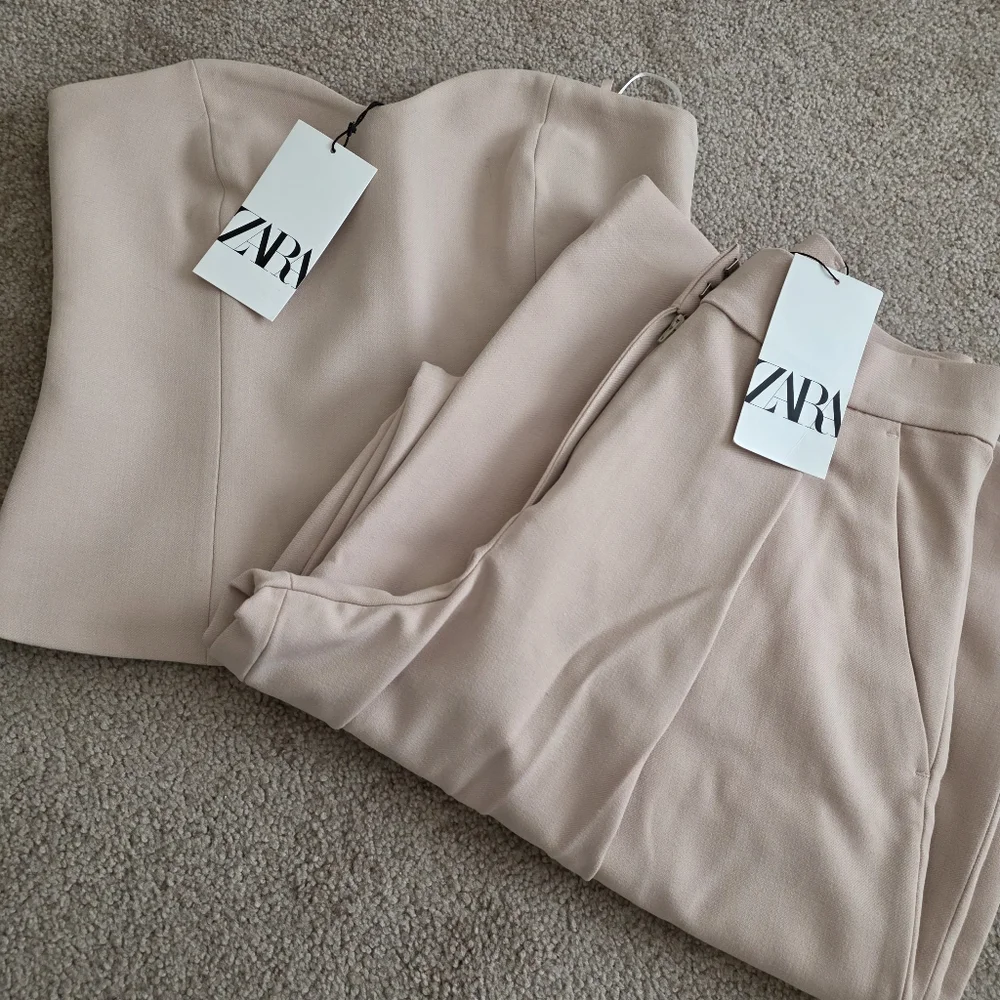 Zara 2 Pc Set Wide Leg Pants & Bustier Corset Top Beige Pink Size S
